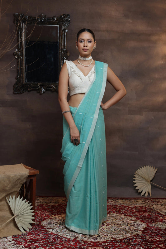 Handloom Mint Green Soft Cotton Jamdani Saree