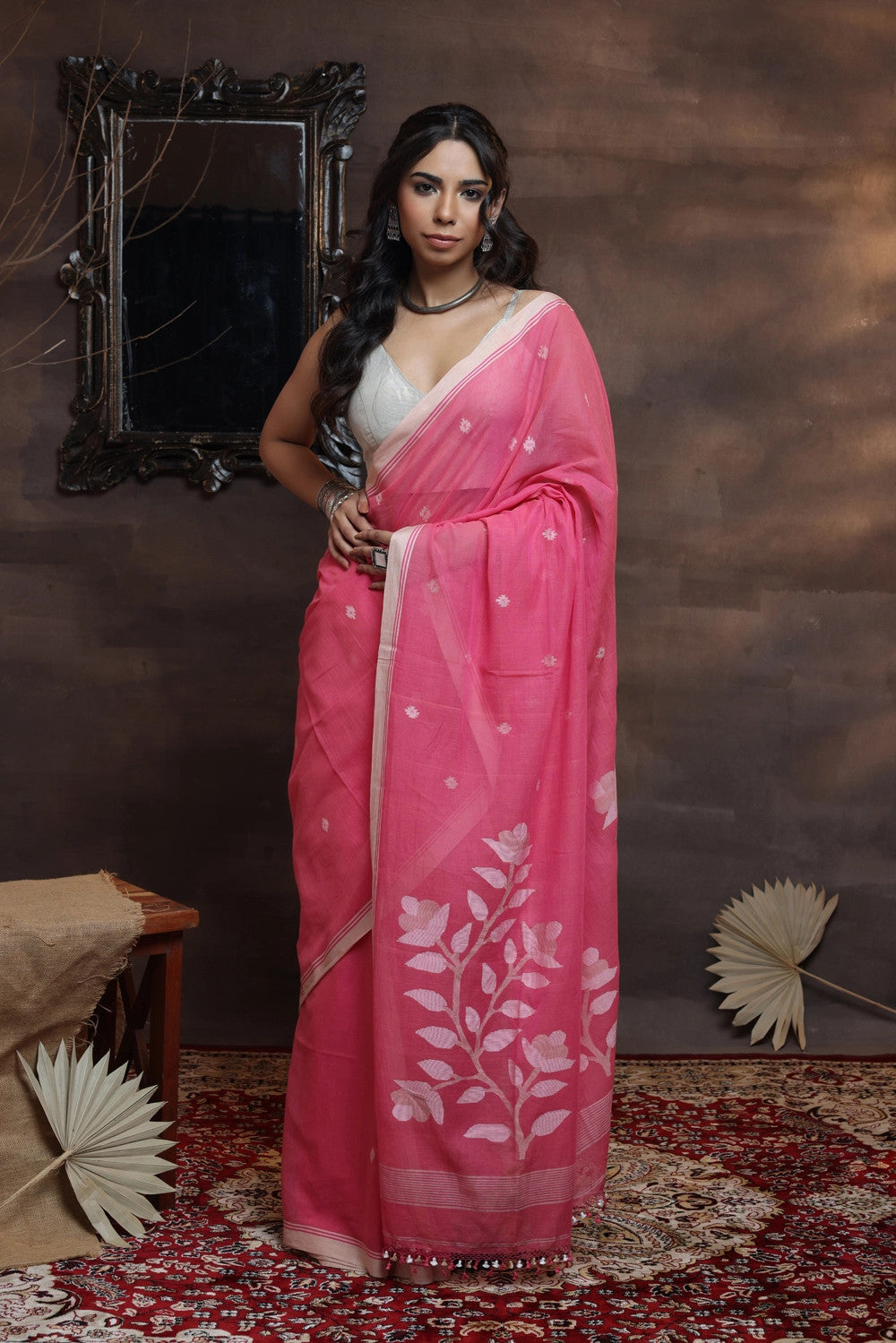 Handloom Soft Cotton Pastel Pink Jamdani Saree