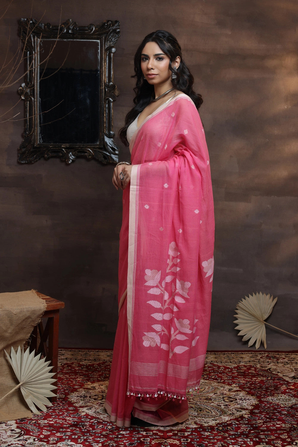 Handloom Soft Cotton Pastel Pink Jamdani Saree