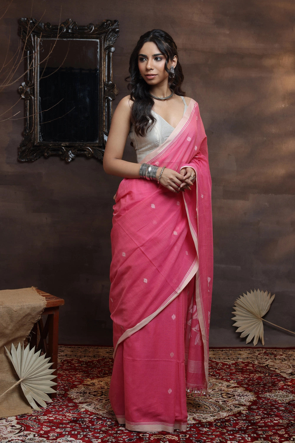 Handloom Soft Cotton Pastel Pink Jamdani Saree