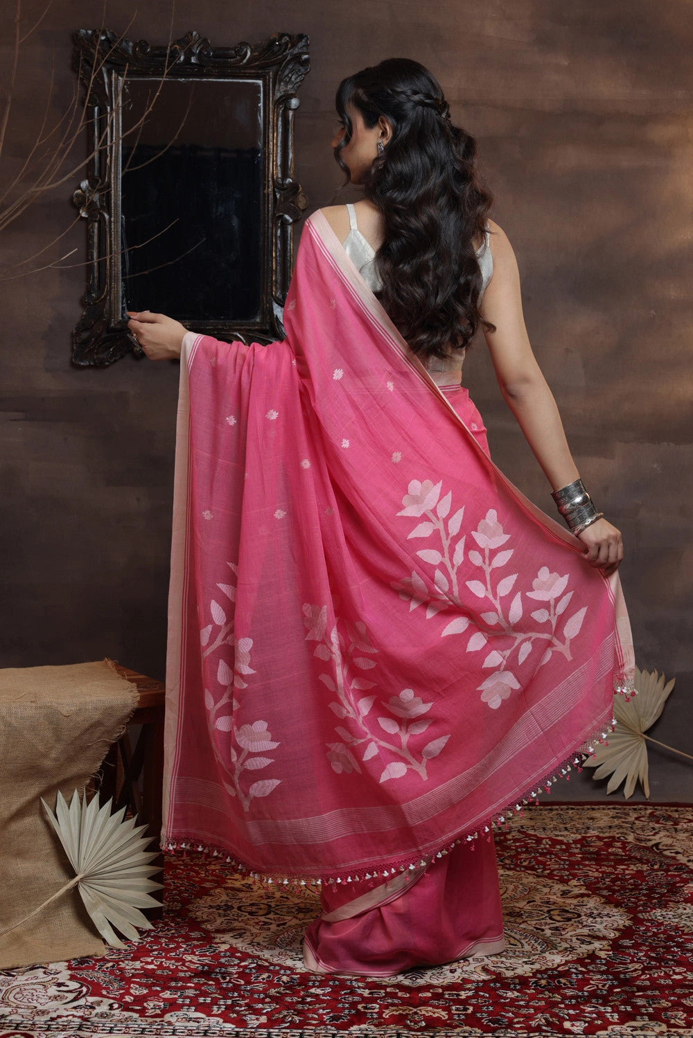 Handloom Soft Cotton Pastel Pink Jamdani Saree