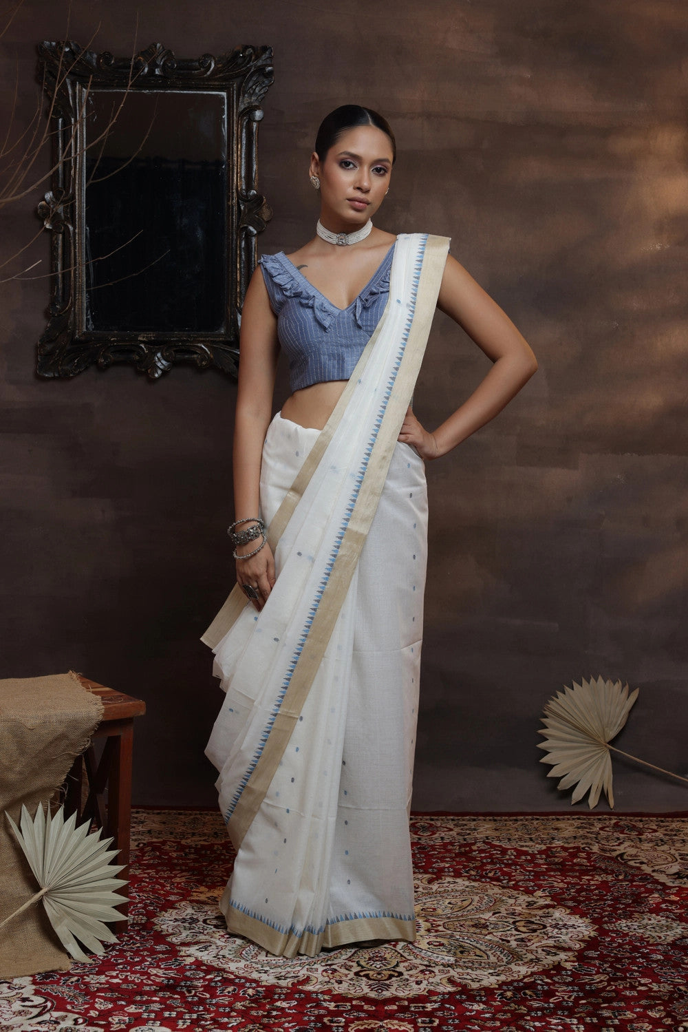 Handloom White Soft Cotton Saree With Tussar Silk Border