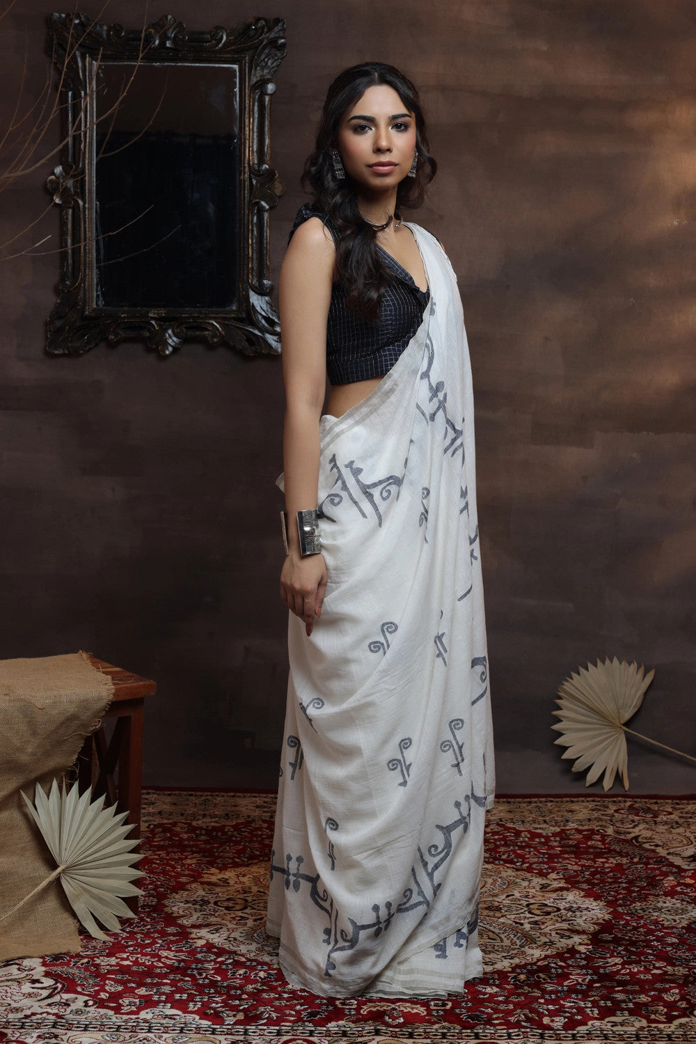 White Handloom Soft Cotton Saree With Alpona Design