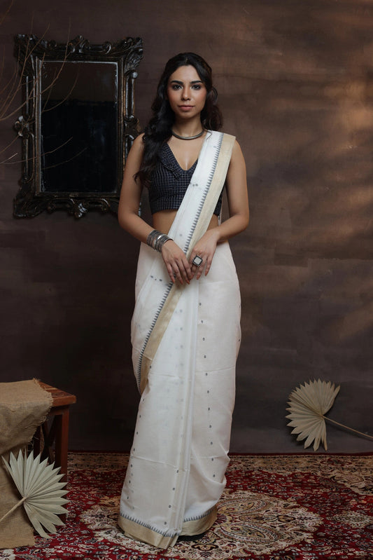 White Handloom soft cotton saree with Tussar silk border