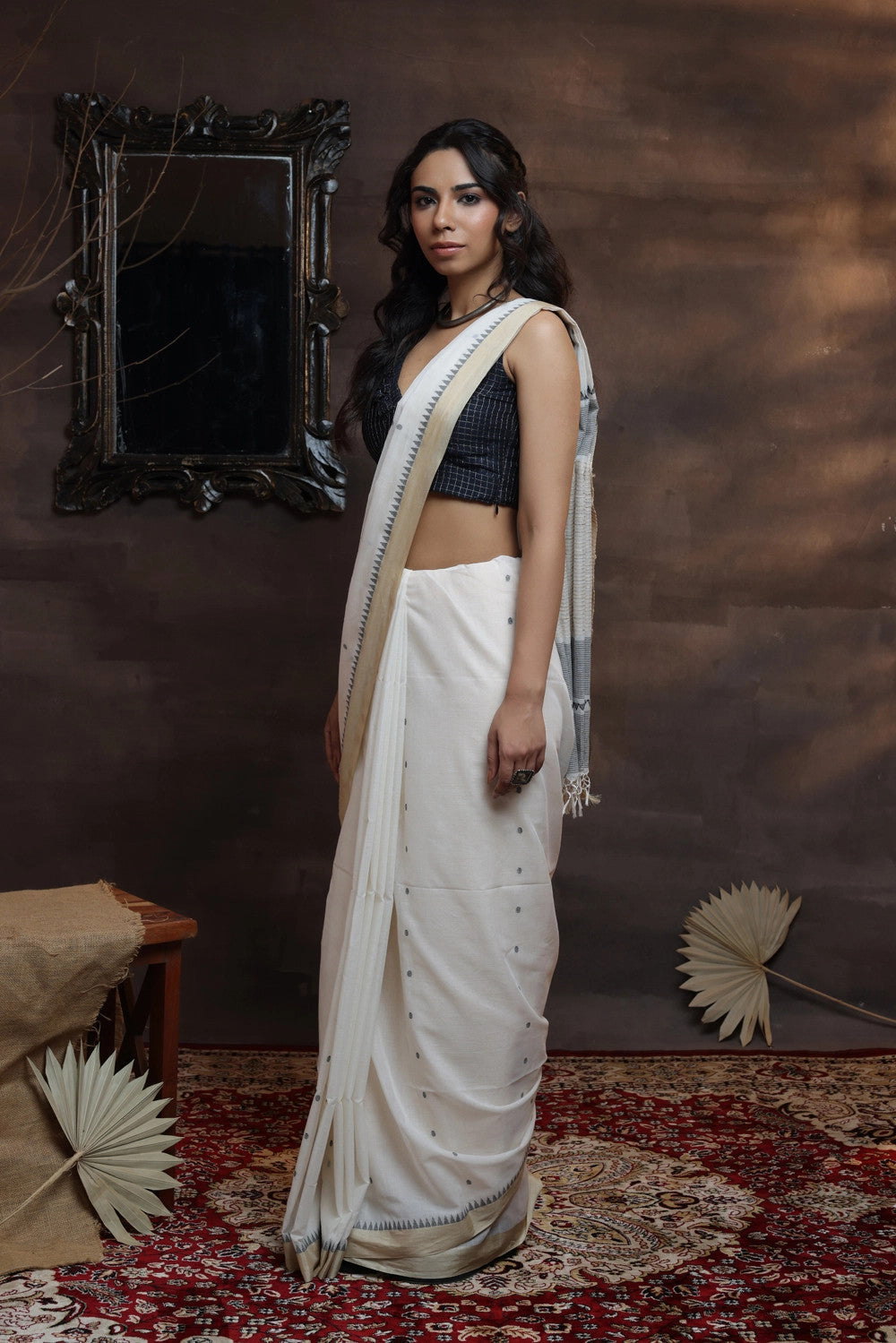 White Handloom Soft Cotton Saree With Tussar Silk Border