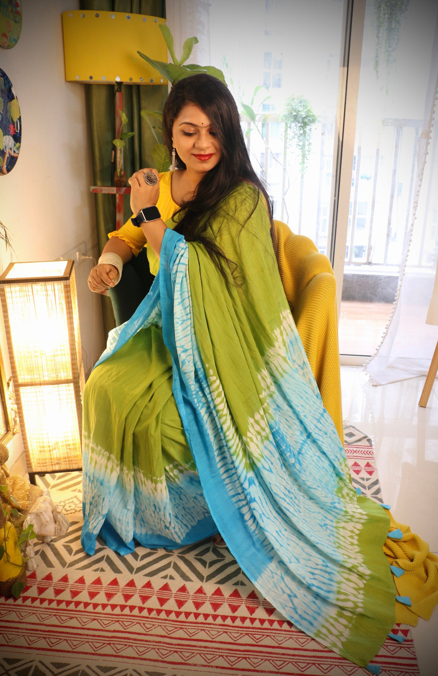 Firozi- Green Tie & Dye Shibori Print Natural Dyed - Mulmul Cotton Saree