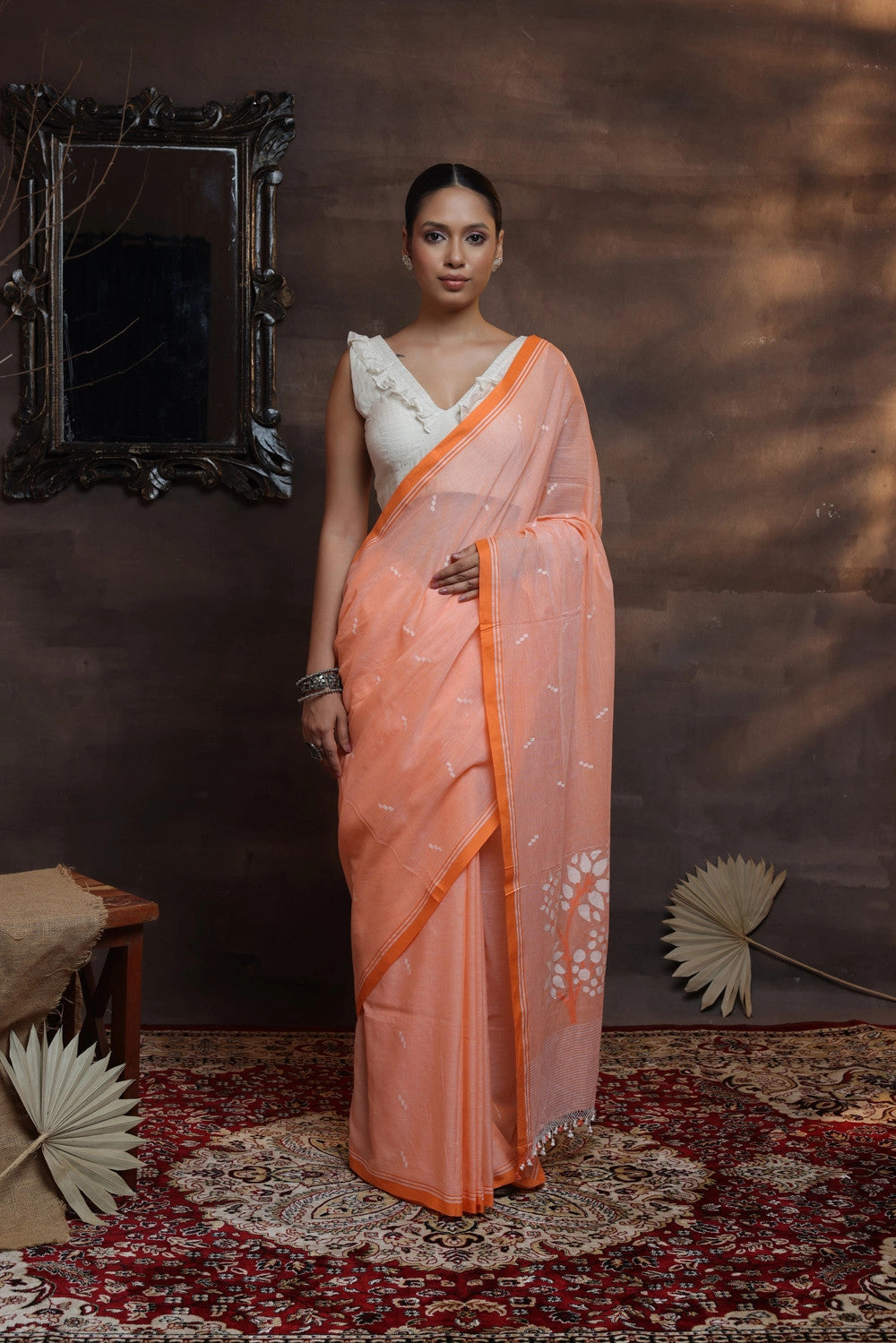 Handloom Saffron Orange Soft Cotton Jamdani Saree