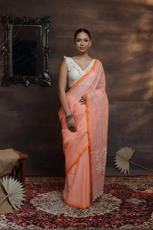 Handloom Saffron Orange Soft Cotton Jamdani Saree