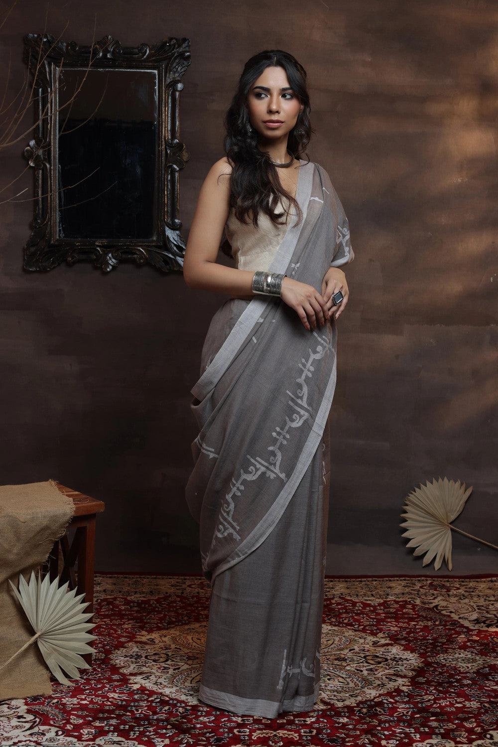 Grey Handloom Soft Cotton Saree With Alpona Design