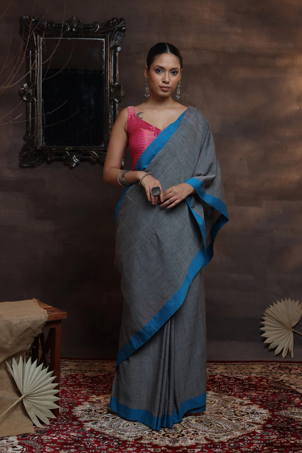 Handloom Grey Soft Cotton Saree With Blue Border