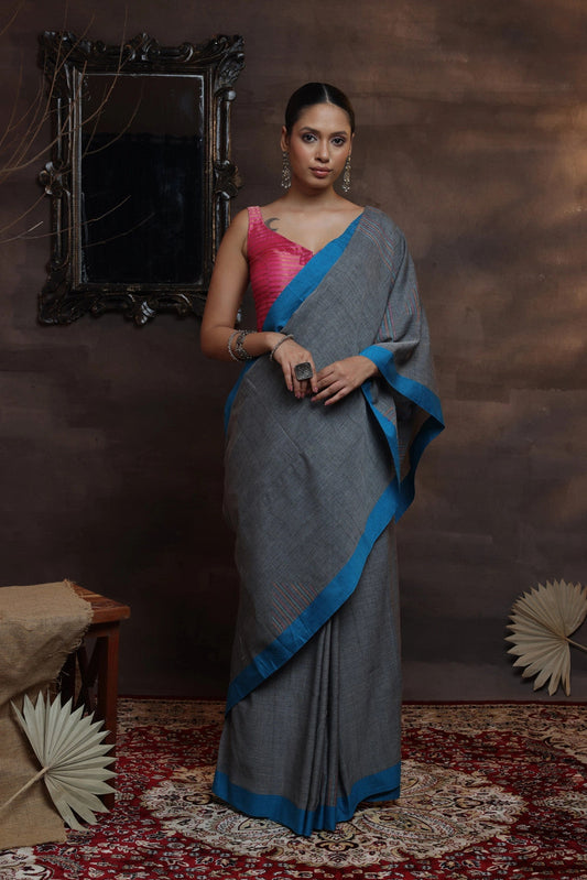 Handloom Grey Soft Cotton Saree With Blue Border