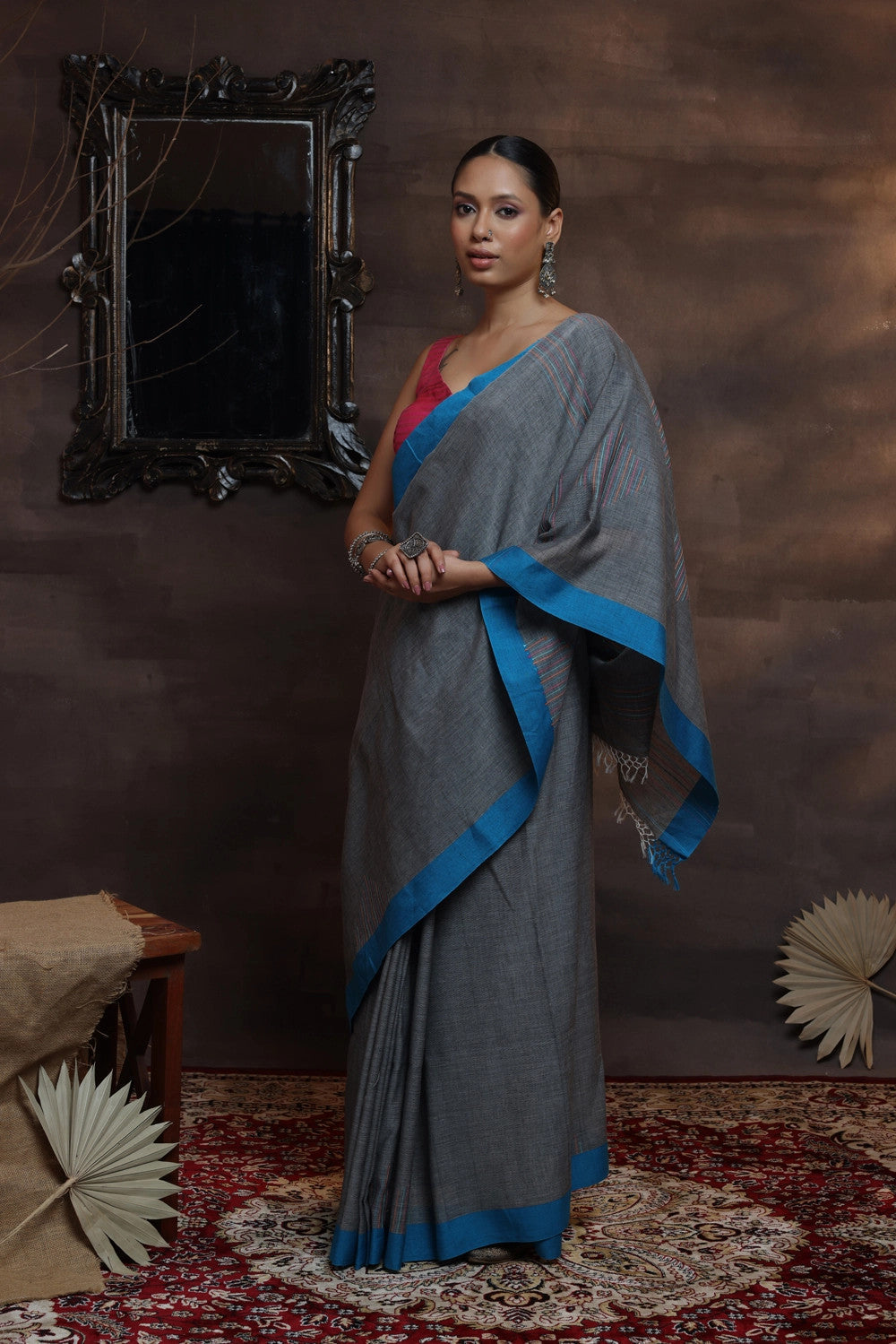 Handloom Grey Soft Cotton Saree With Blue Border