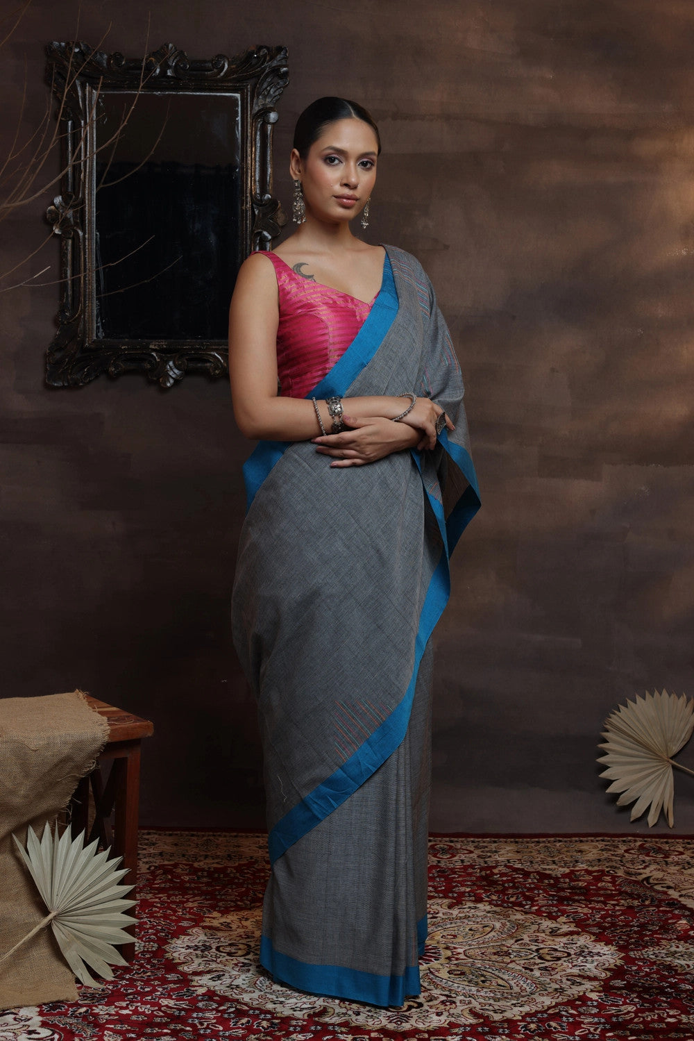 Handloom Grey Soft Cotton Saree With Blue Border