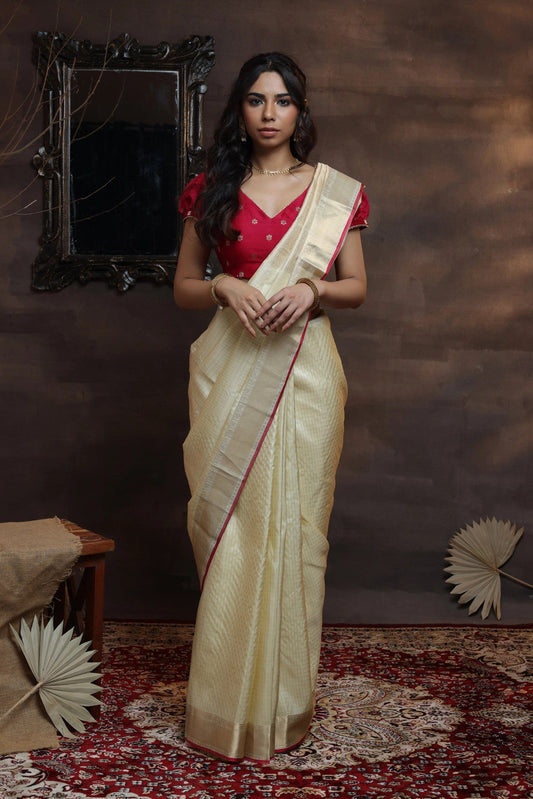 Handloom Cream pure silk Kasavu Saree