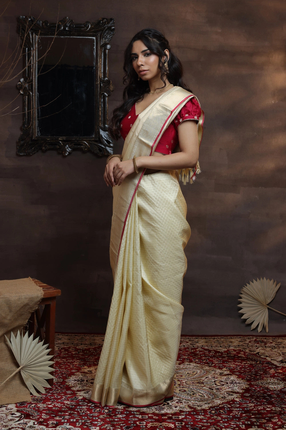 Handloom Cream pure silk Kasavu Saree