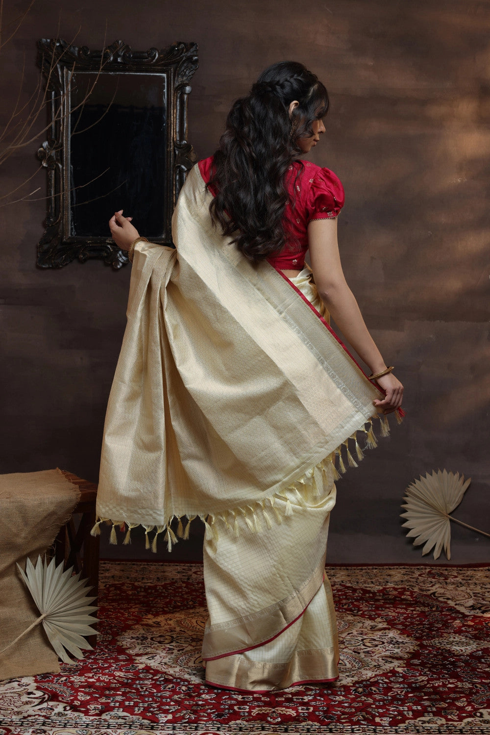 Handloom Cream pure silk Kasavu Saree