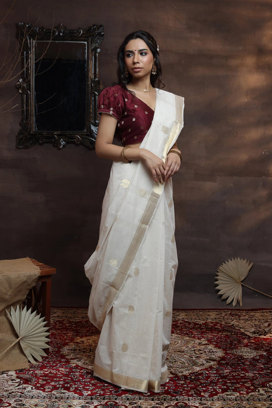 Handloom Off White Pure Cotton Kasavu Saree With Gold Zari Border & Motifs