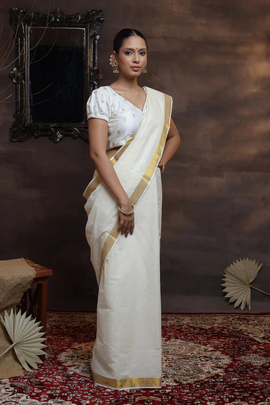 Handloom Off White Pure Cotton Kasavu Saree With Gold Zari Border