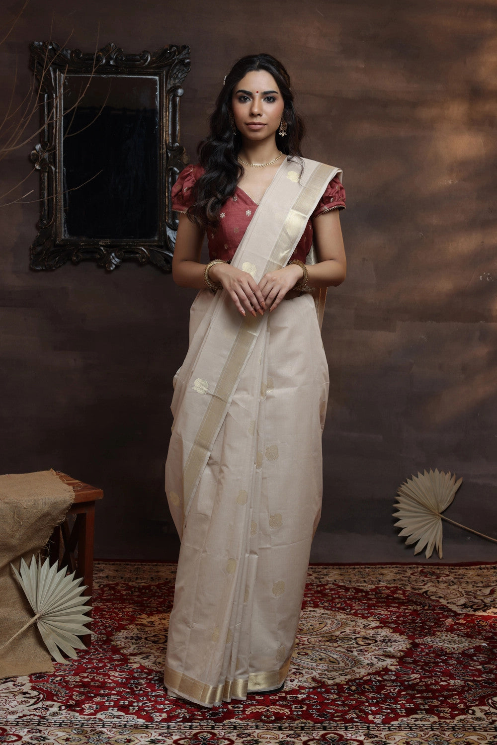 Handloom Beige Pure Cotton Kasavu Saree With Gold Zari Border And Motifs