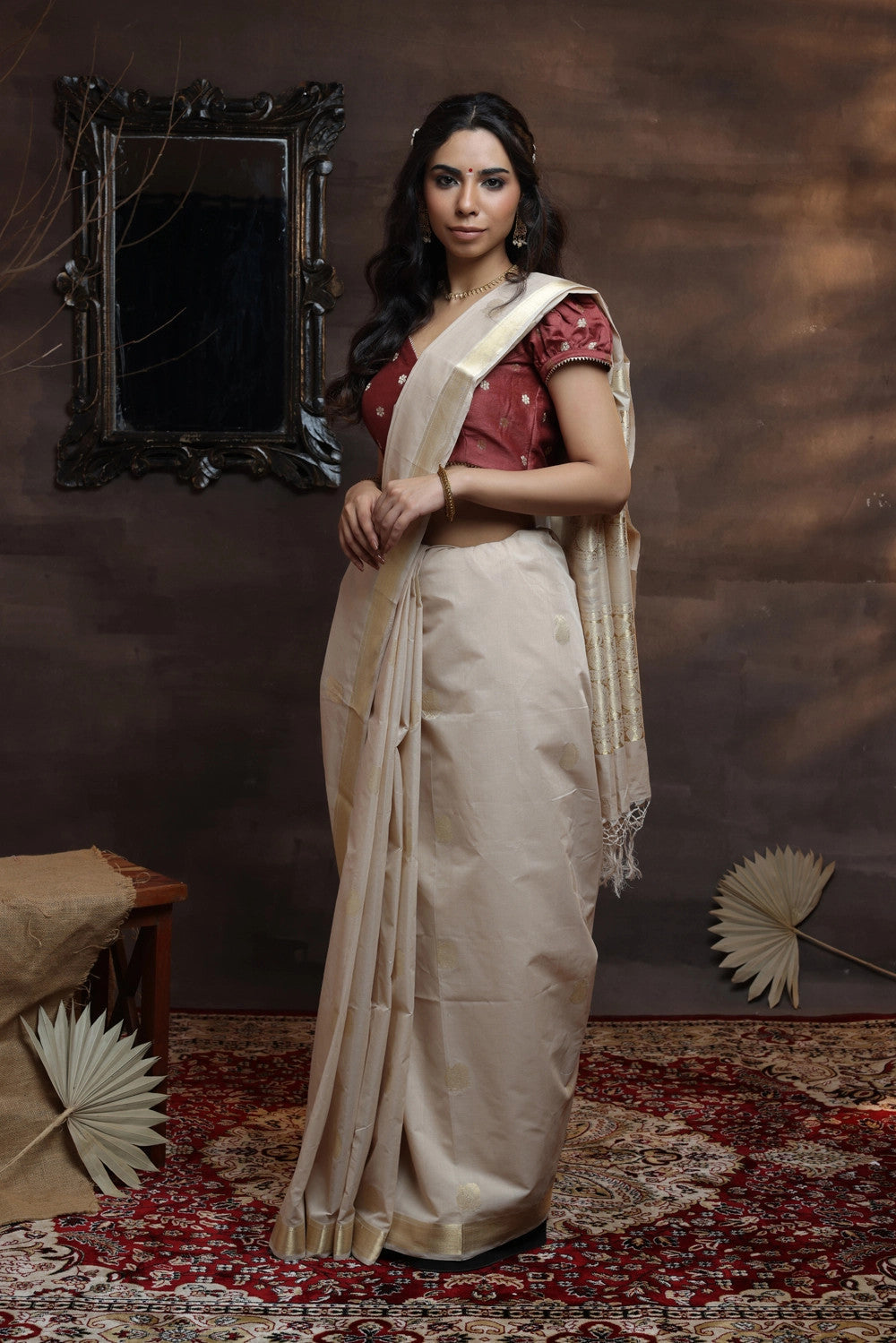 Handloom Beige Pure Cotton Kasavu Saree With Gold Zari Border And Motifs