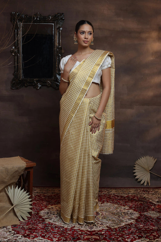 Handloom Off White Pure Cotton Kasavu Saree With All Over Gold Zari Checks