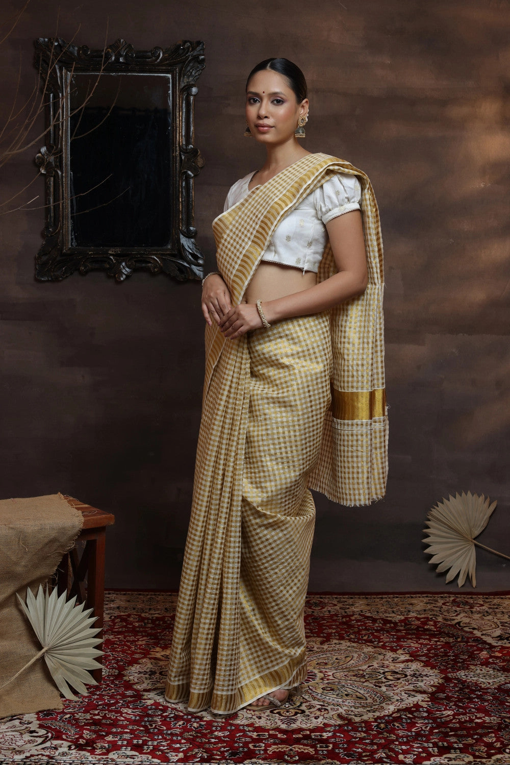 Handloom Off White Pure Cotton Kasavu Saree With All Over Gold Zari Checks