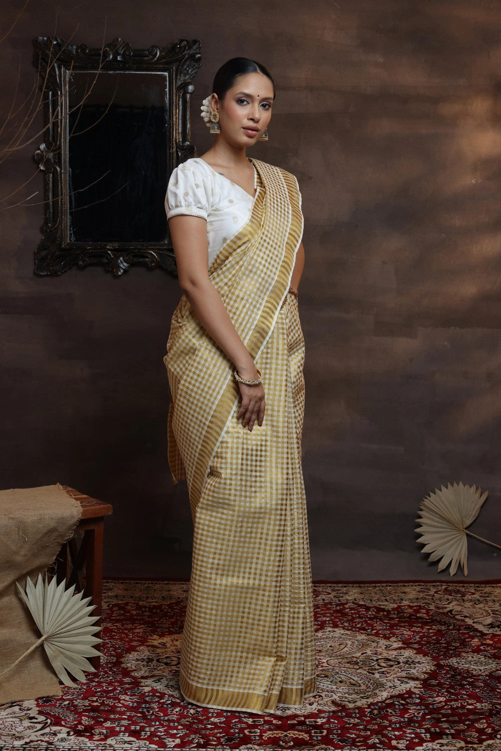 Handloom Off White Pure Cotton Kasavu Saree With All Over Gold Zari Checks