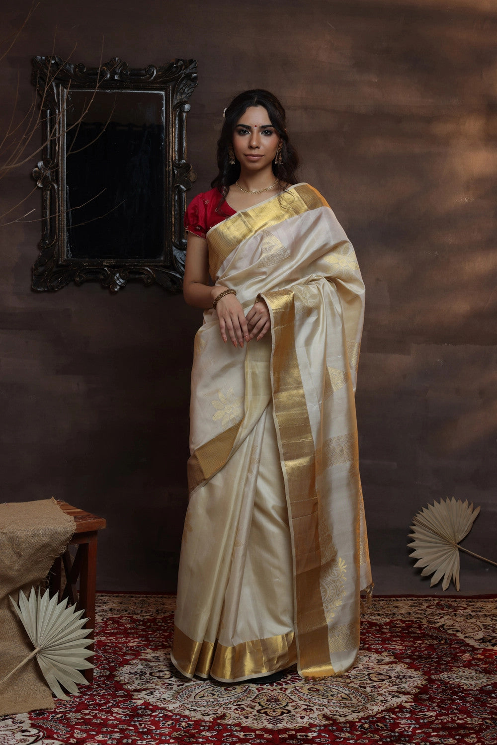 Handloom Cream Pure Silk Kasavu Saree With Gold Zari Border