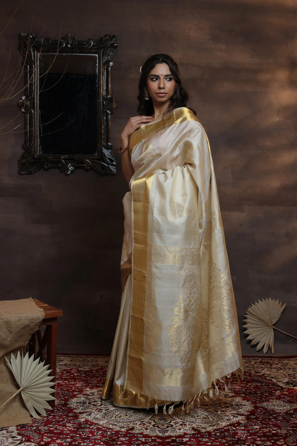 Handloom Cream Pure Silk Kasavu Saree With Gold Zari Border