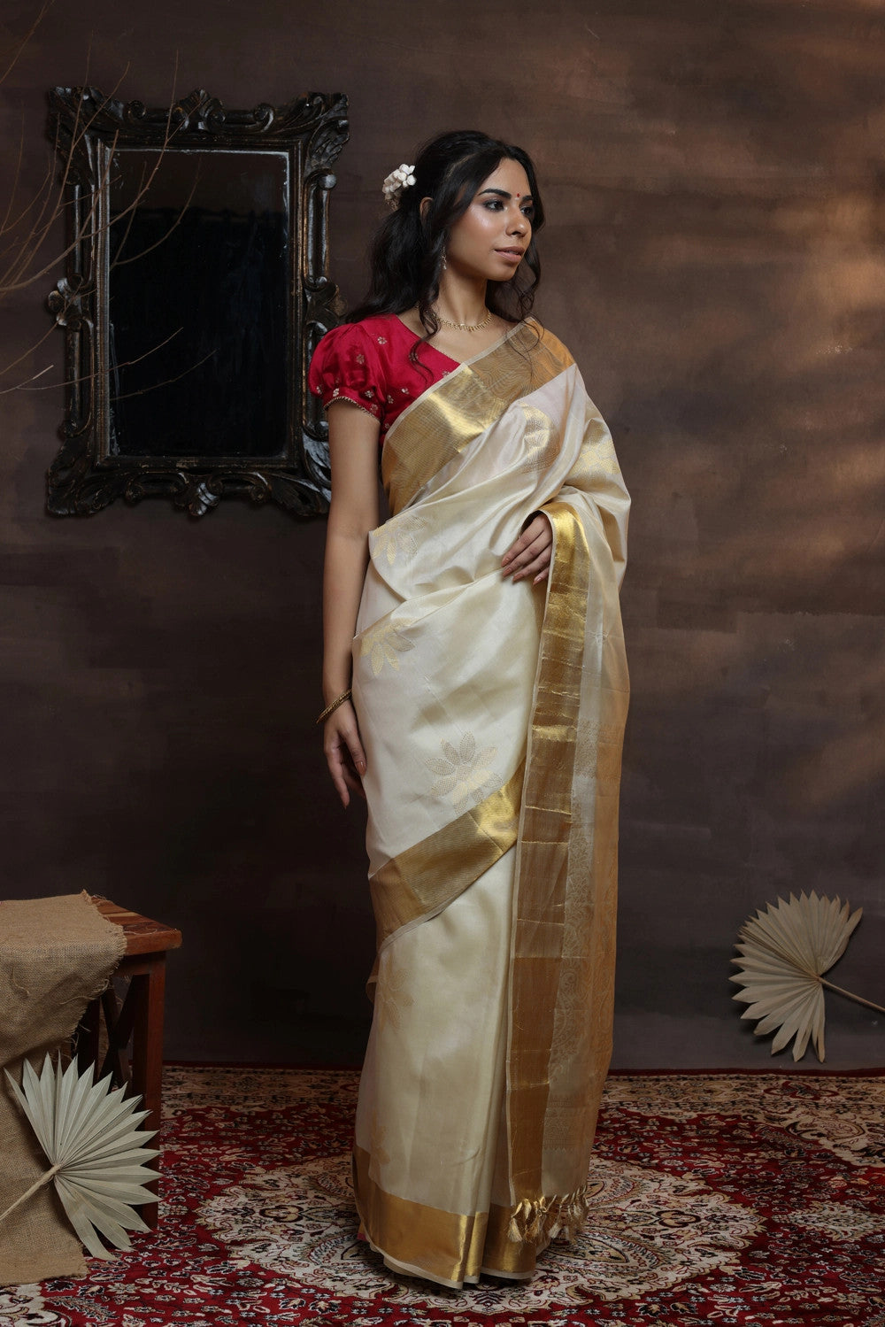 Handloom Cream Pure Silk Kasavu Saree With Gold Zari Border