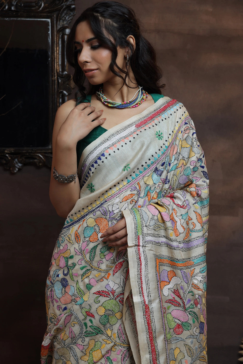 Handloom cream pure Tussar silk Kantha Saree with multi colour threads