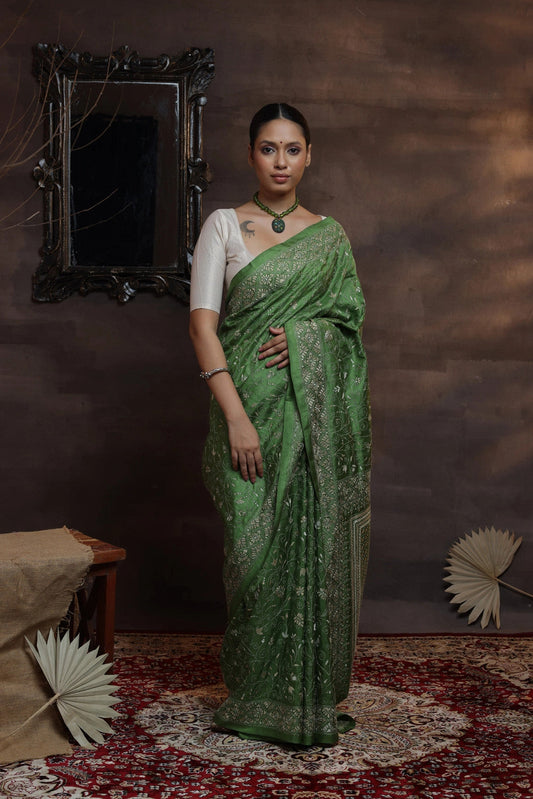 Handloom leaf Green pure silk Kantha Saree