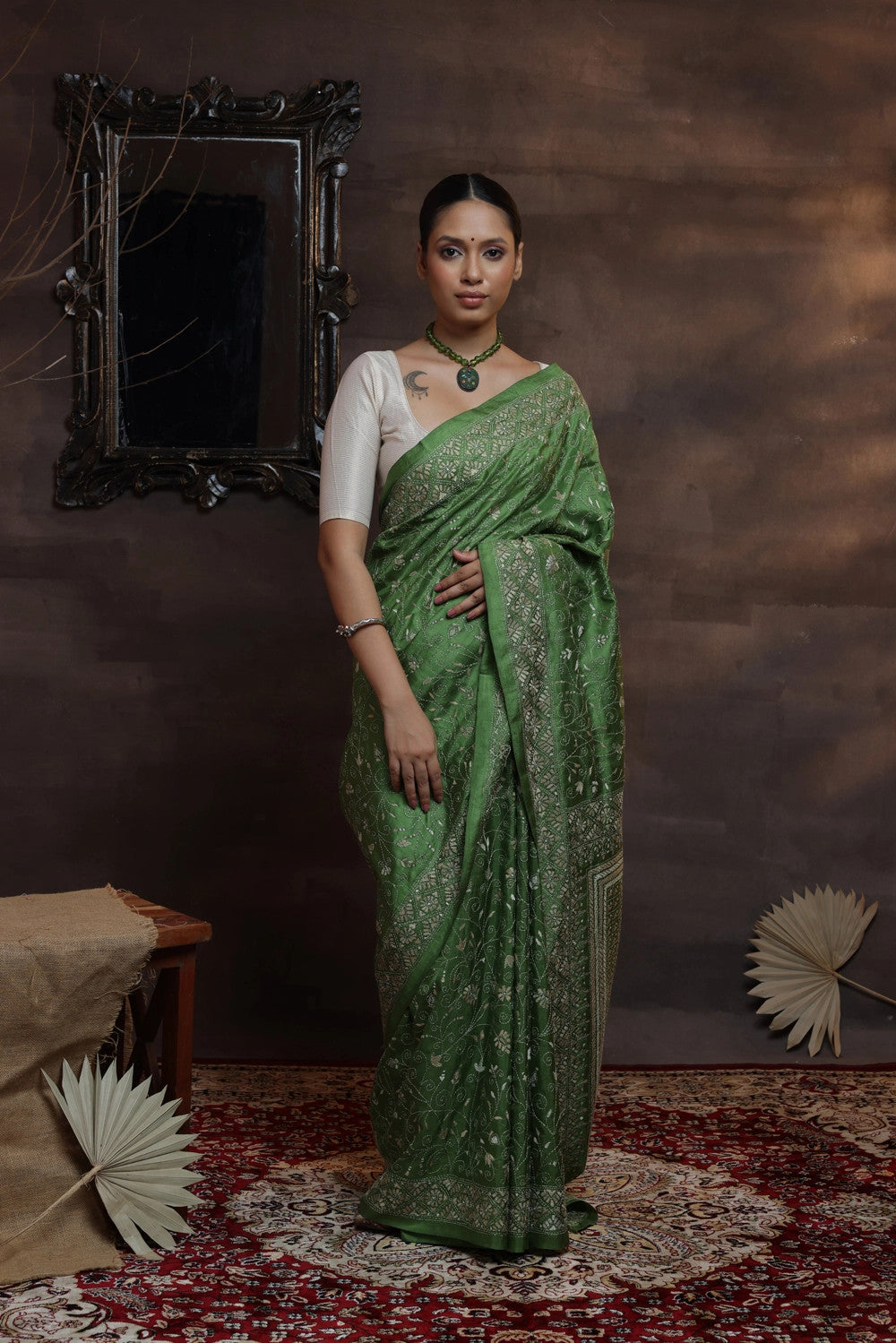 Handloom Leaf Green Pure Silk Kantha Saree