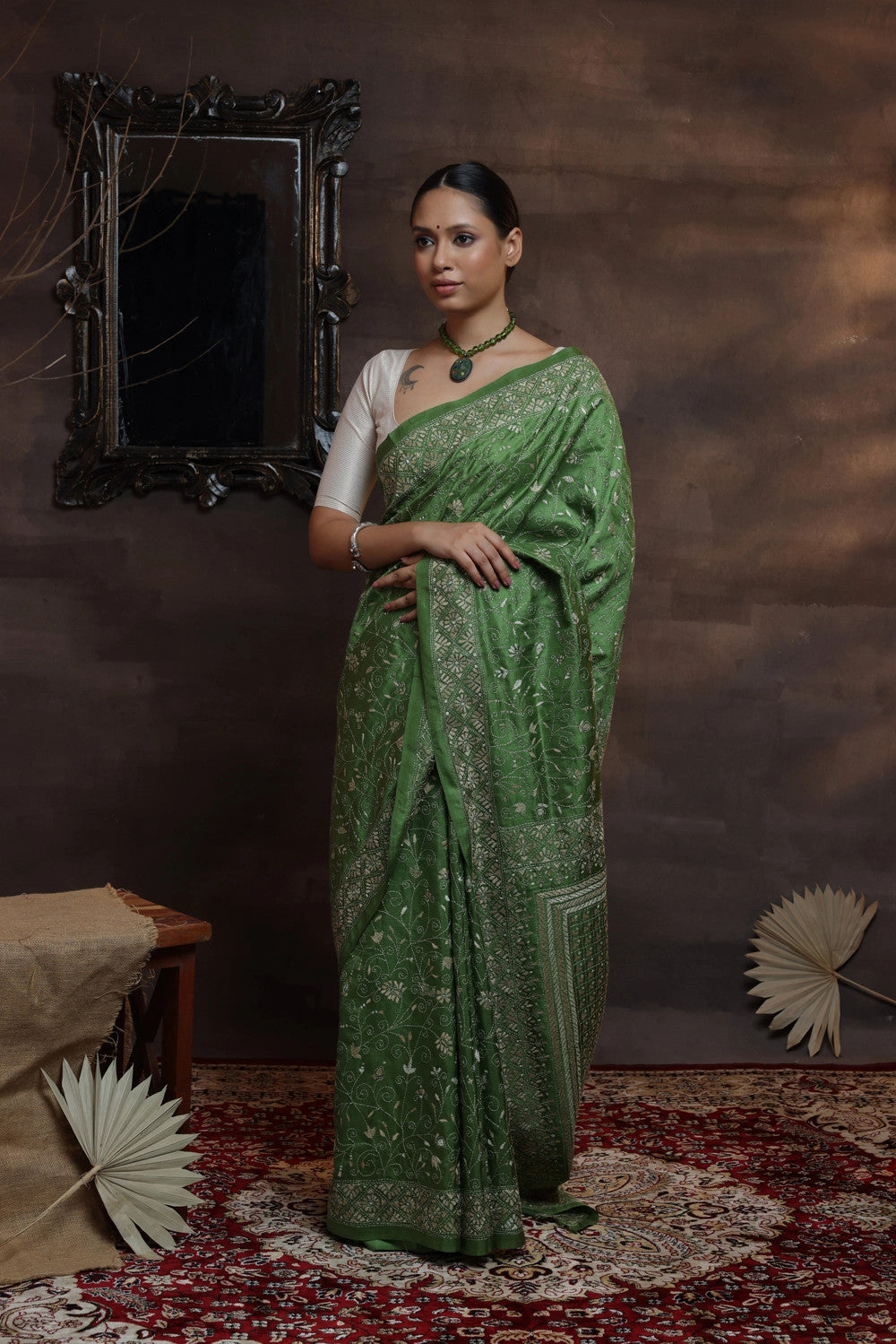 Handloom Leaf Green Pure Silk Kantha Saree