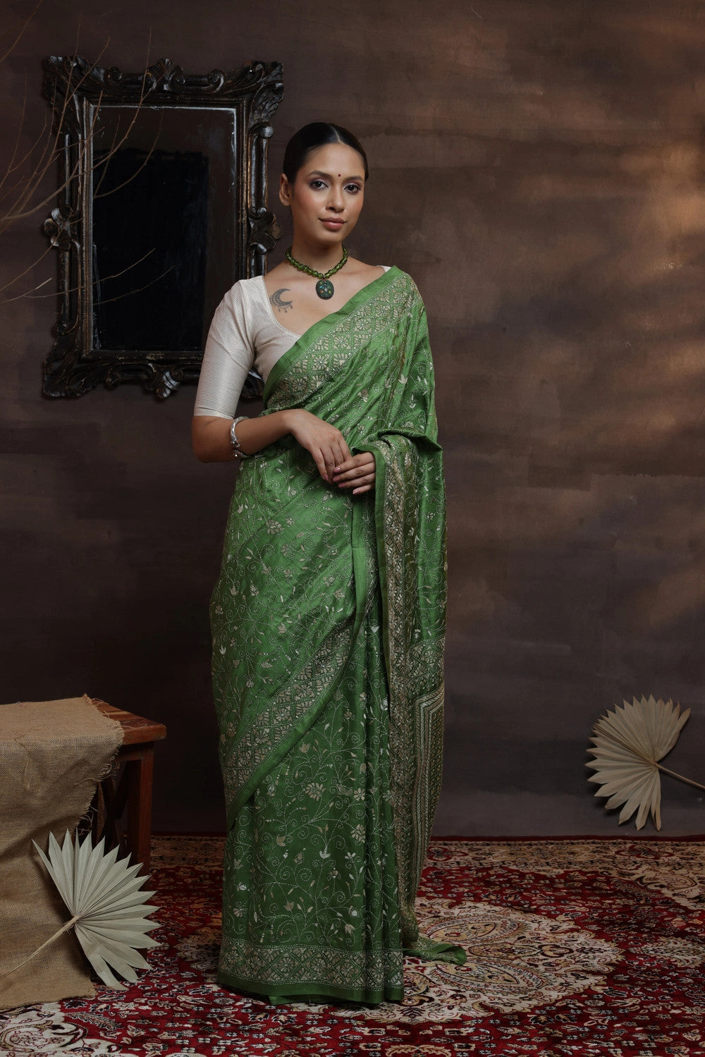 Handloom leaf Green pure silk Kantha Saree