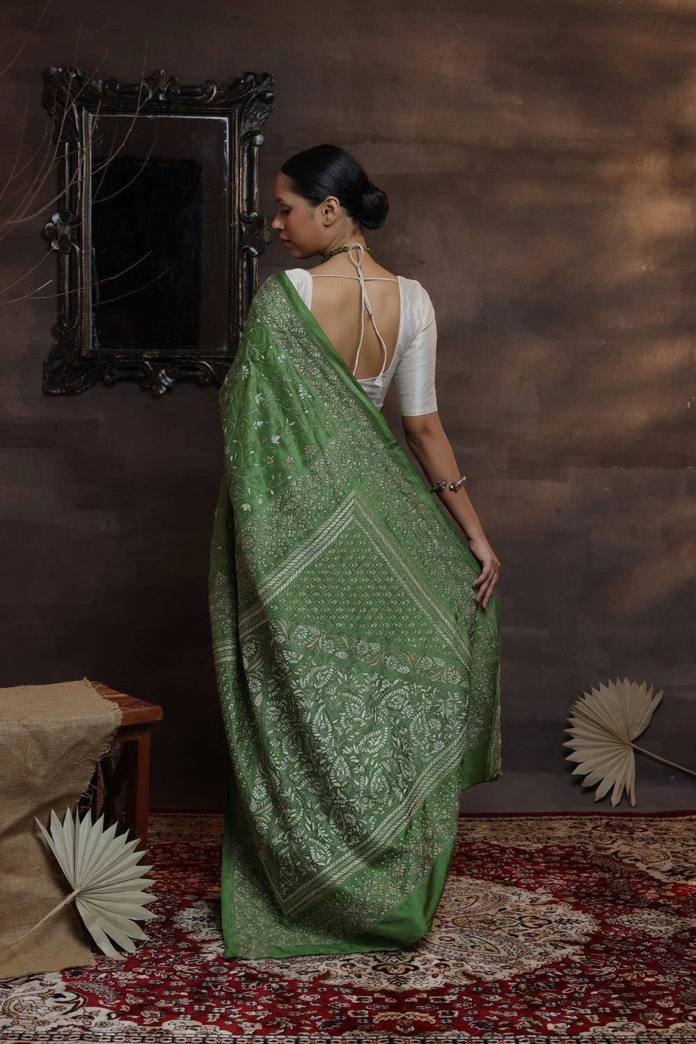 Handloom Leaf Green Pure Silk Kantha Saree