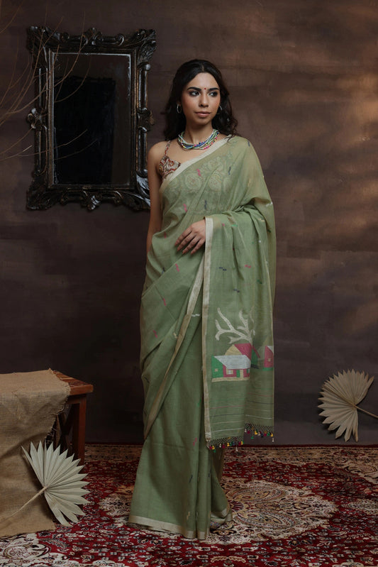 Handloom Pastel Green Soft Cotton Jamdani Saree