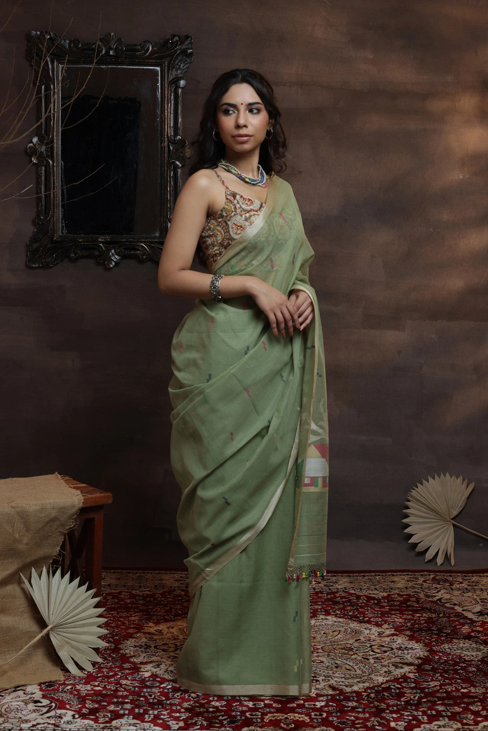 Handloom Pastel Green Soft Cotton Jamdani Saree