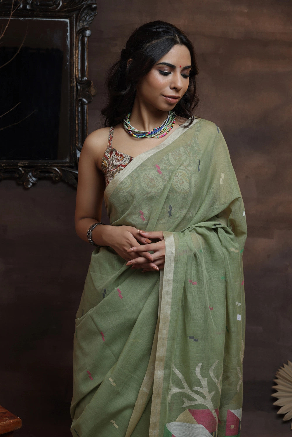 Handloom Pastel Green Soft Cotton Jamdani Saree