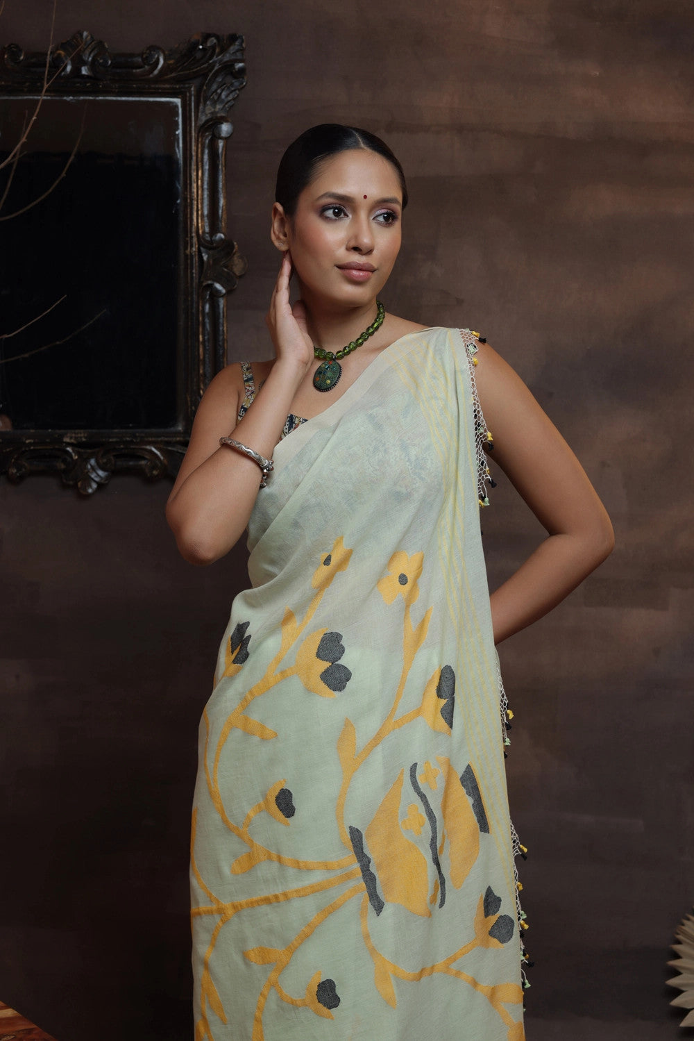 Handloom Light Green Soft Cotton Jamdani Saree with yellow