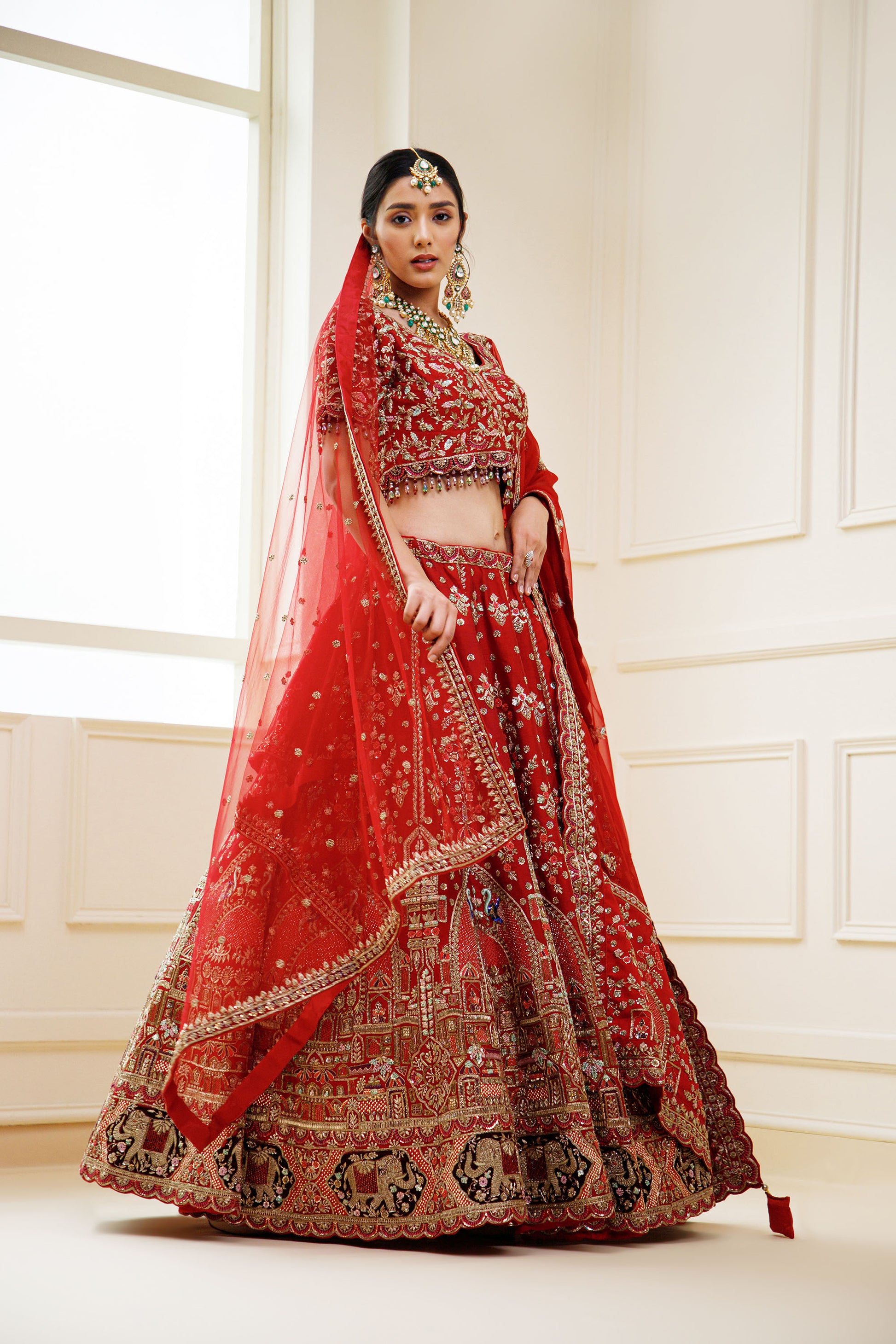 Red Color Zardozi Embroidery Raw Silk Bridal Lehenga