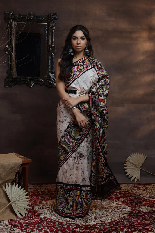 Handloom Grey Pure Silk Batik Art Saree