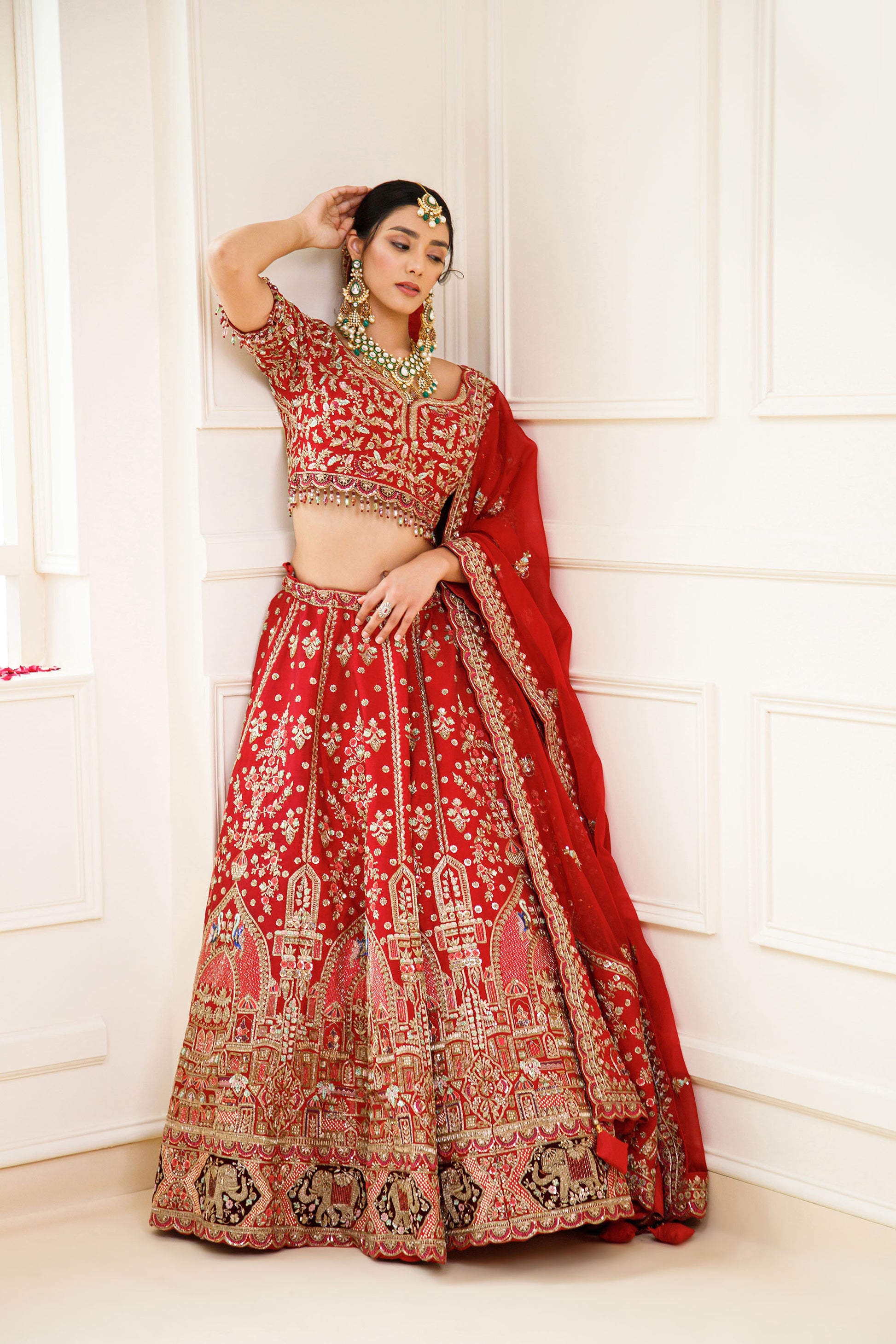 Red Color Zardozi Embroidery Raw Silk Bridal Lehenga