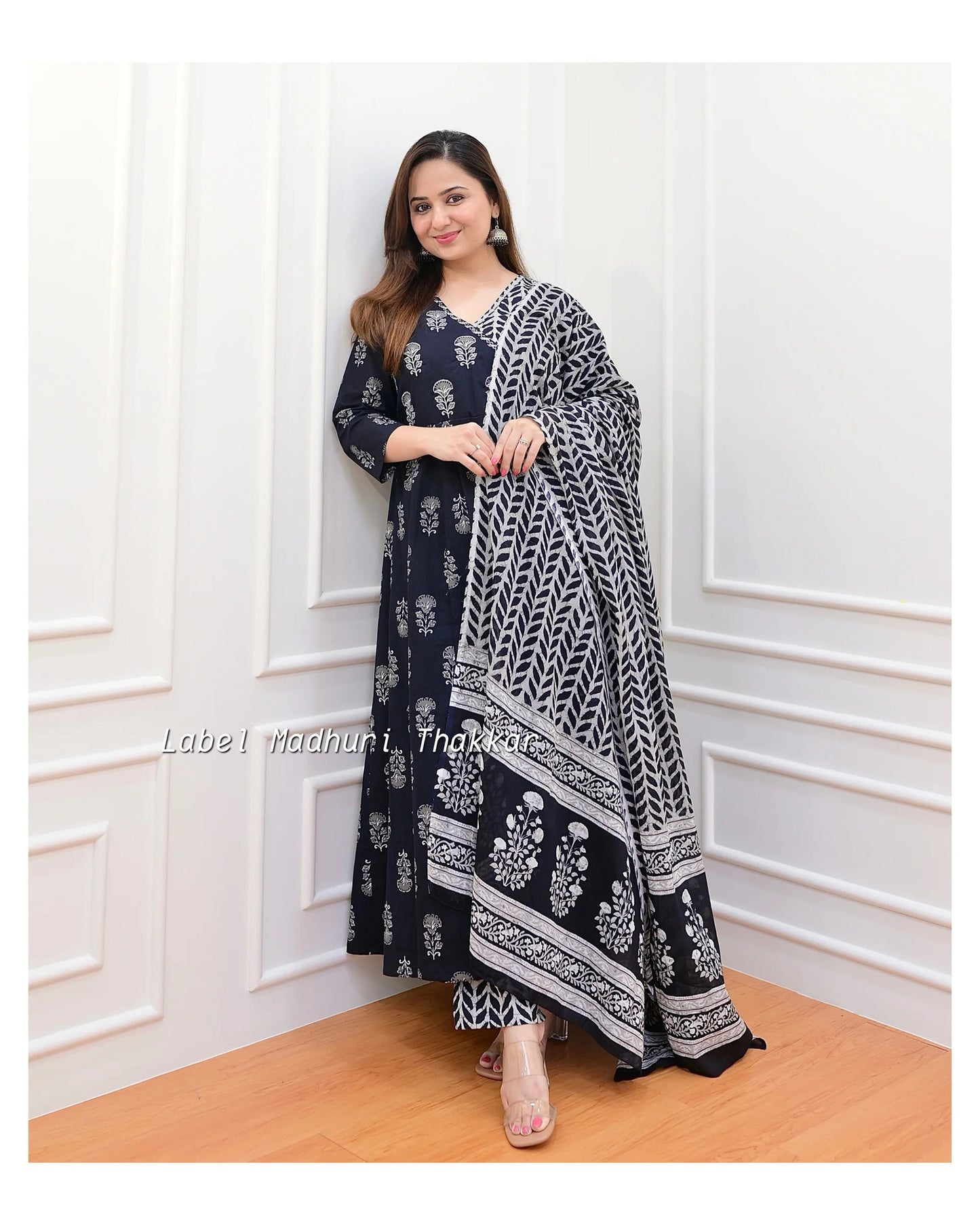 Ruby Women Balck And White Printed Viscose Rayon Kurta, Pant And Dupatta Set