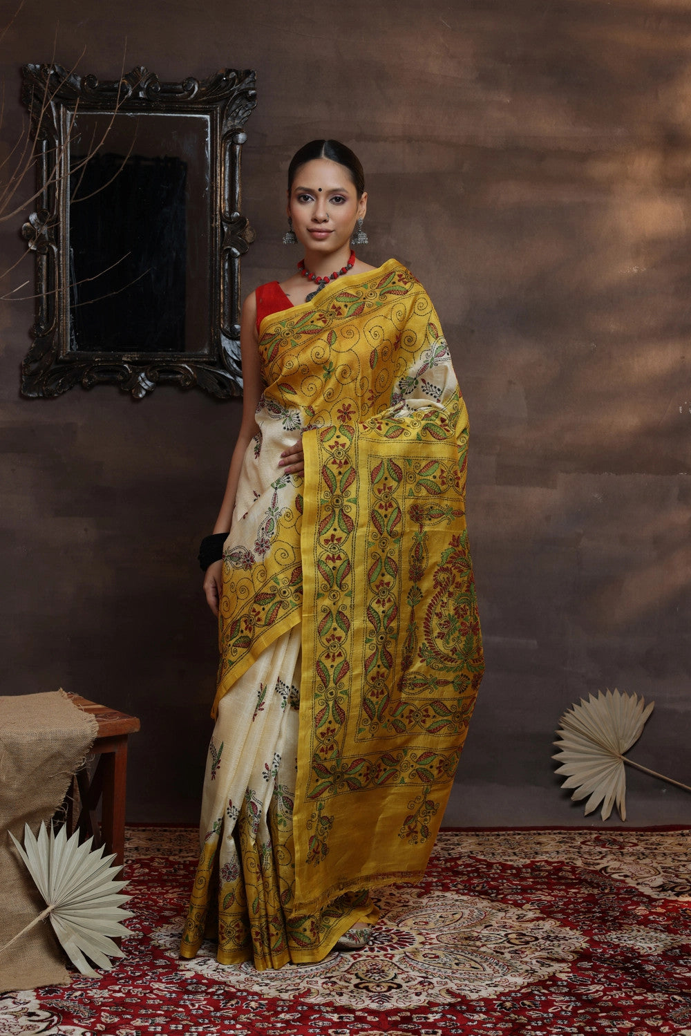 Handloom Cream And Yellow Pure Silk Kantha Saree