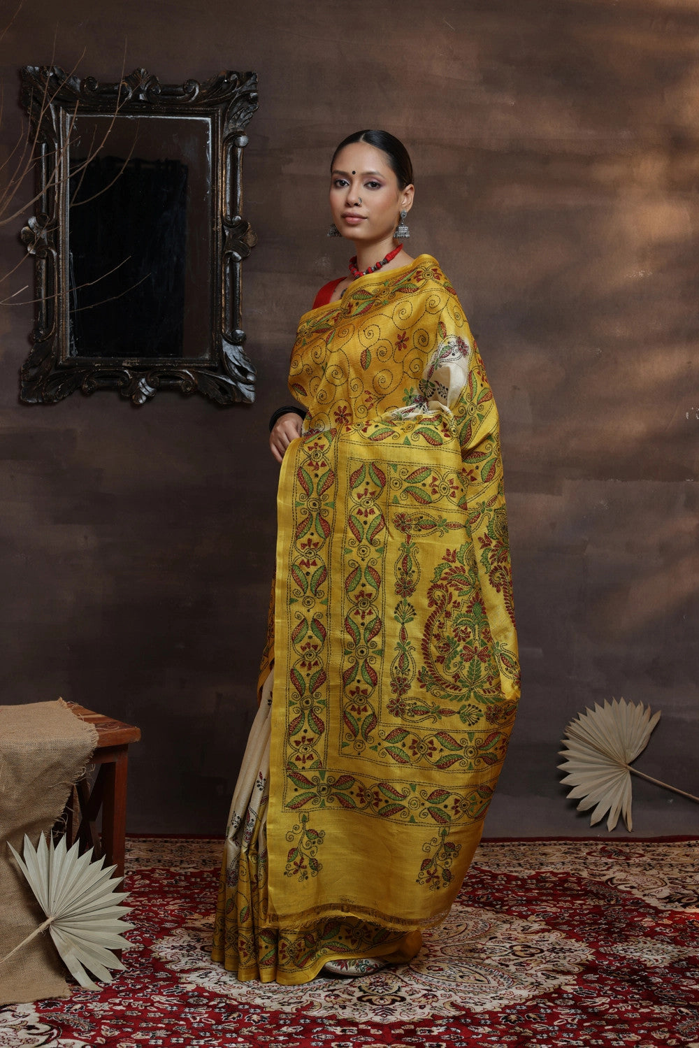 Handloom Cream And Yellow Pure Silk Kantha Saree