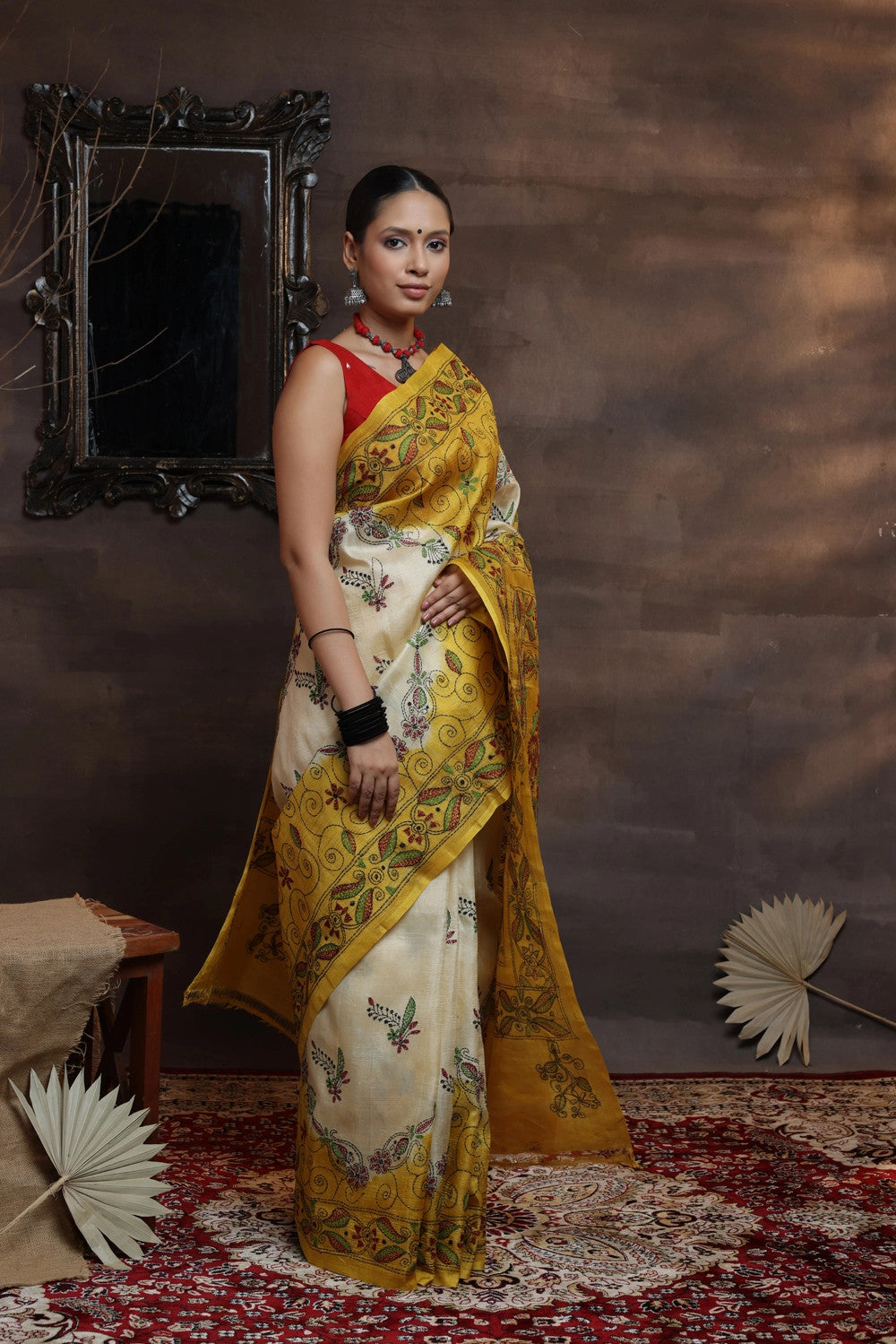 Handloom Cream And Yellow Pure Silk Kantha Saree