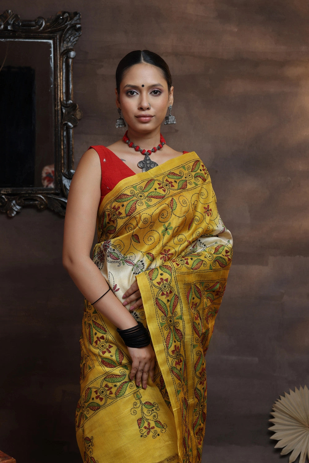 Handloom Cream And Yellow Pure Silk Kantha Saree