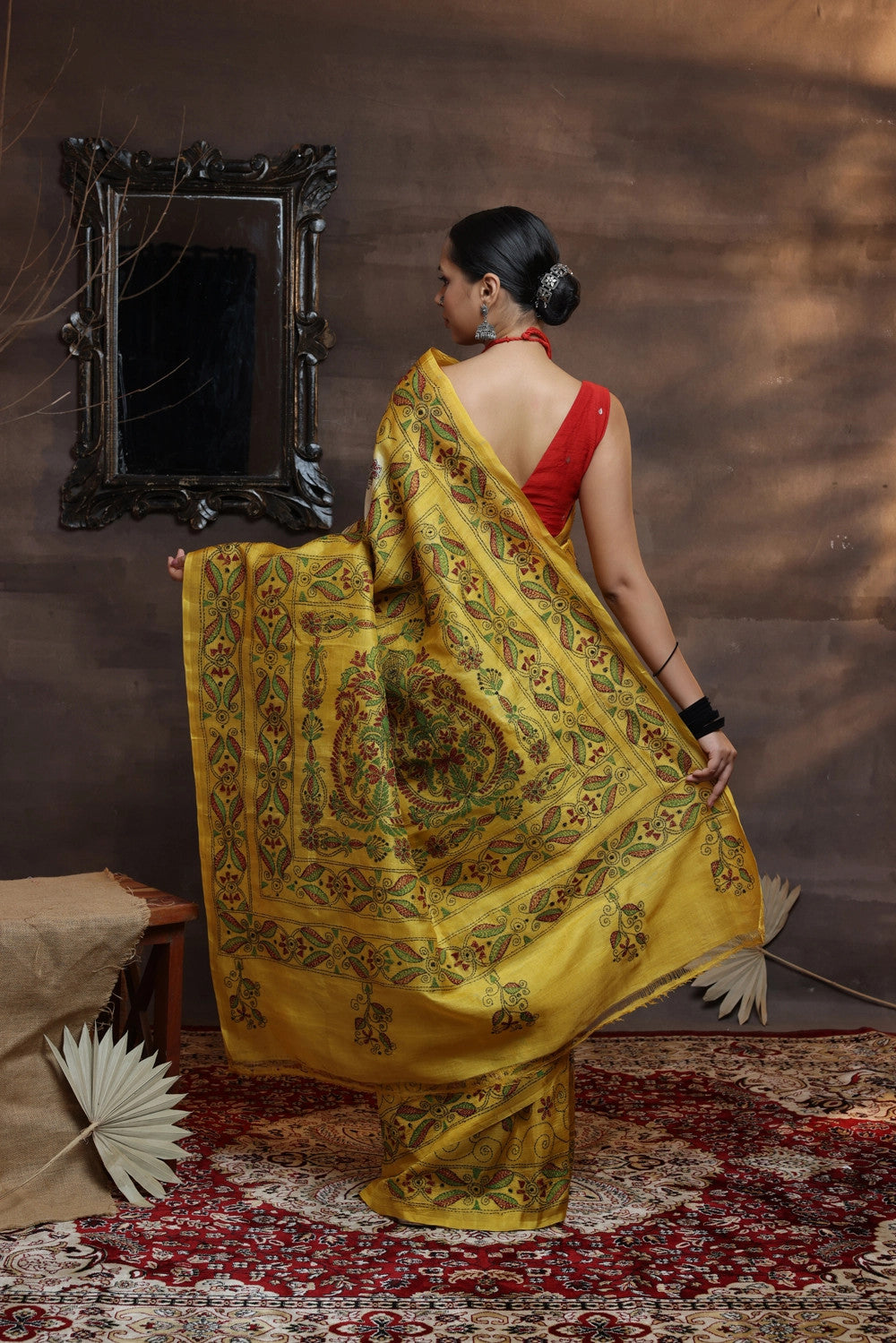 Handloom Cream And Yellow Pure Silk Kantha Saree