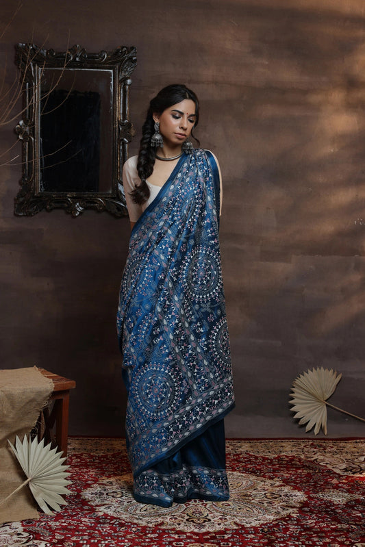 Handloom Teal blue pure silk Kantha Saree